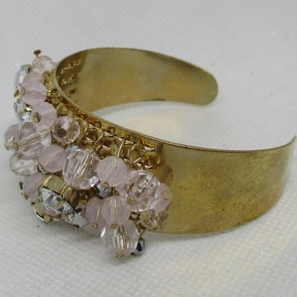 Charming Charlie Rhinestone Beaded Cuff Bracelet Large Rhinestones Pink Faceted - Picture 6 of 8